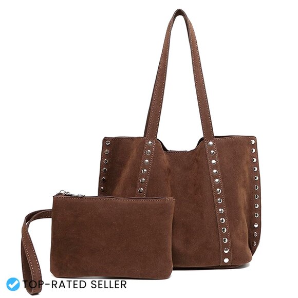 Handbags - Faux Suede Tote Bag Studded Hobo Shoulder Handbag Vintage Trendy Mini Purse